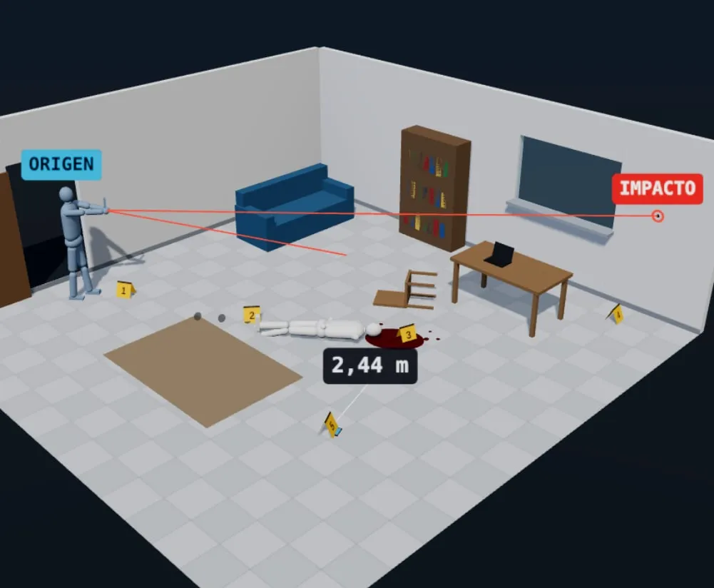 Reconstrucción 3D de una escena del crimen: origen del disparo, trayectorias, víctima e indicios numerados